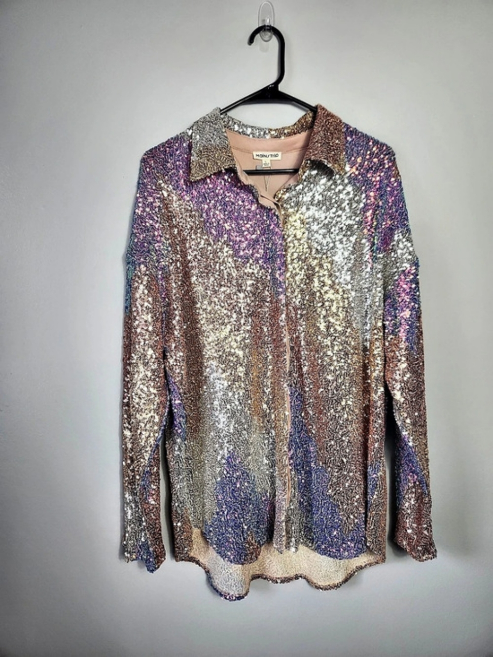Main Strip Multicolor Sequin Button Down Shirt Jacket Shacket Blouse Top Size L